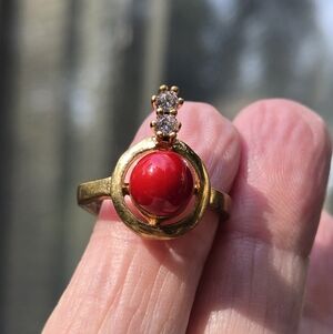 Red coral & topaz "key of love" Sterlin & Gold ring sz8